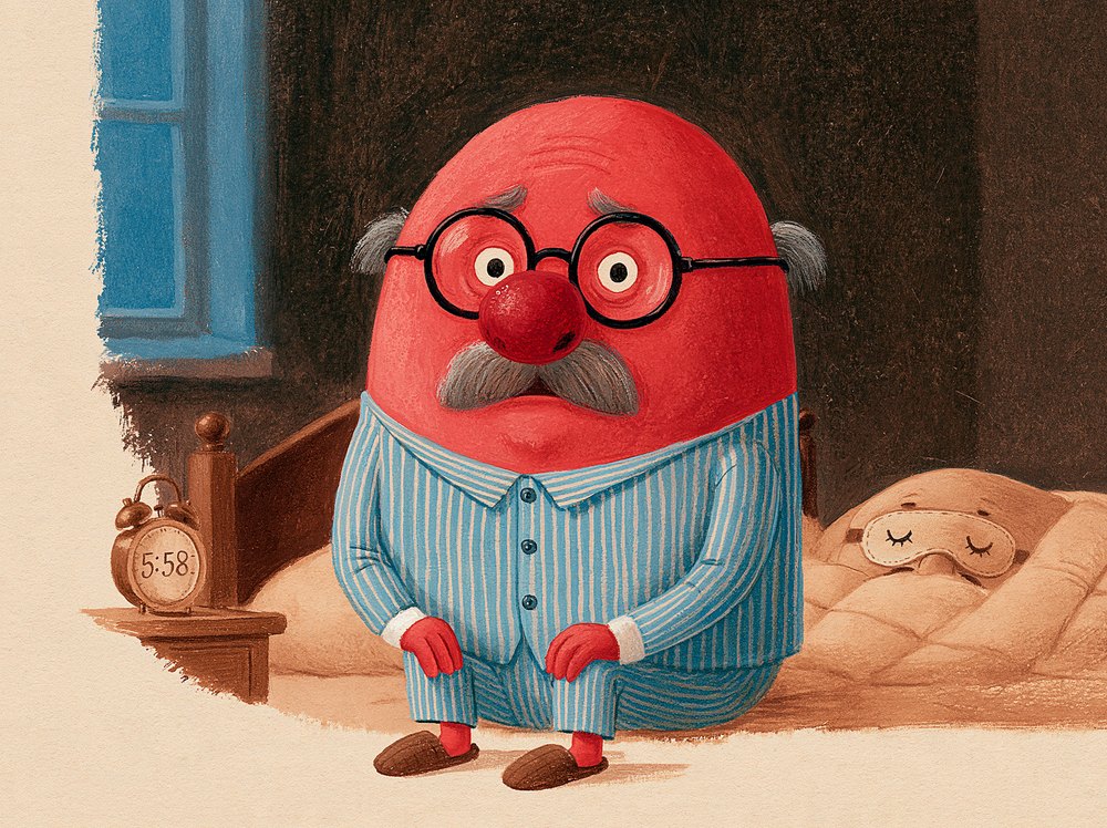 Gary sitting on the edge of the bed in striped pajamas beside an alarm clock reading 5:58 while Marlene sleeps.