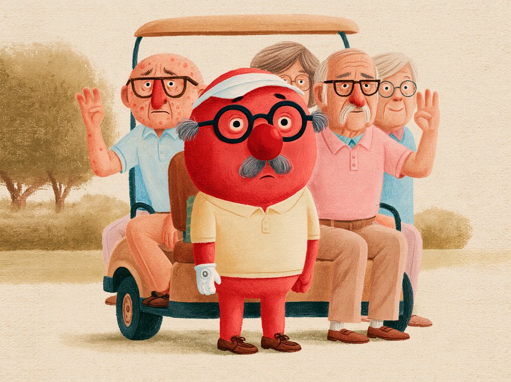 Gary in a golf visor standing glumly in front of a golf cart full of cheerful retirees.