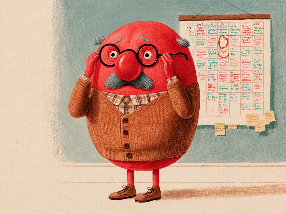 Gary clutching his head in front of a wall calendar crammed with appointments.