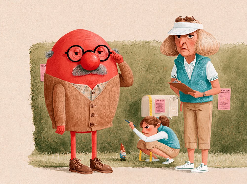 Linda, in a visor with a clipboard, glaring at Gary by his hedge while an assistant measures his garden gnome.