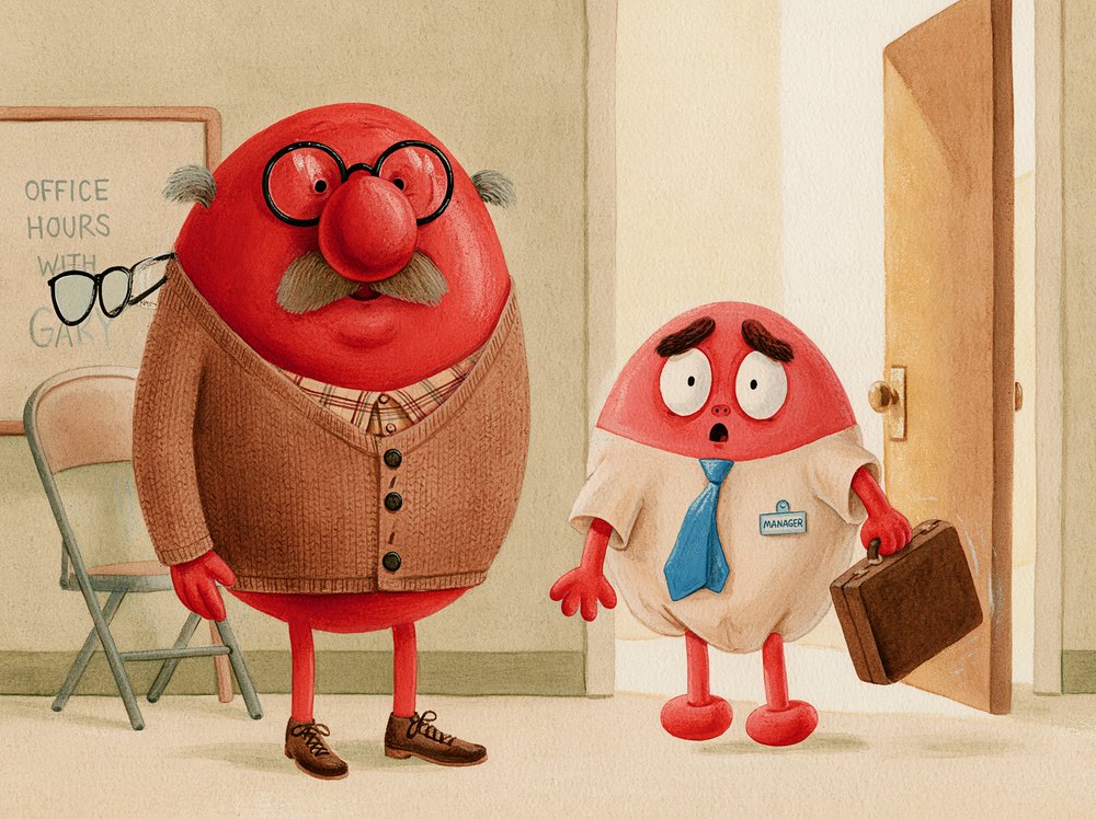 Kevin, wearing a manager badge and carrying a briefcase, walking into Gary's office hours looking panicked.