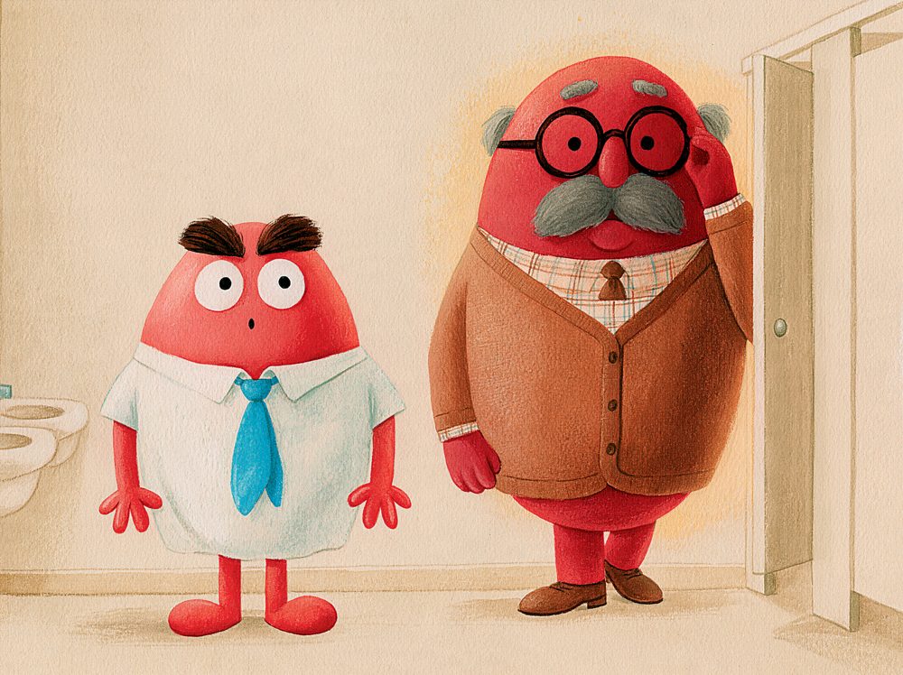 Gary, an older hemorrhoid in a cardigan, stepping out of a restroom stall.