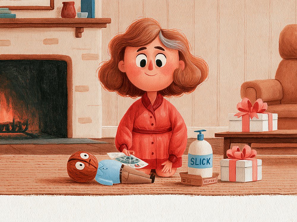 Preston dazed on the rug by the fireplace while Peg kneels beside him; an enormous pump bottle sits in a delivery box nearby.