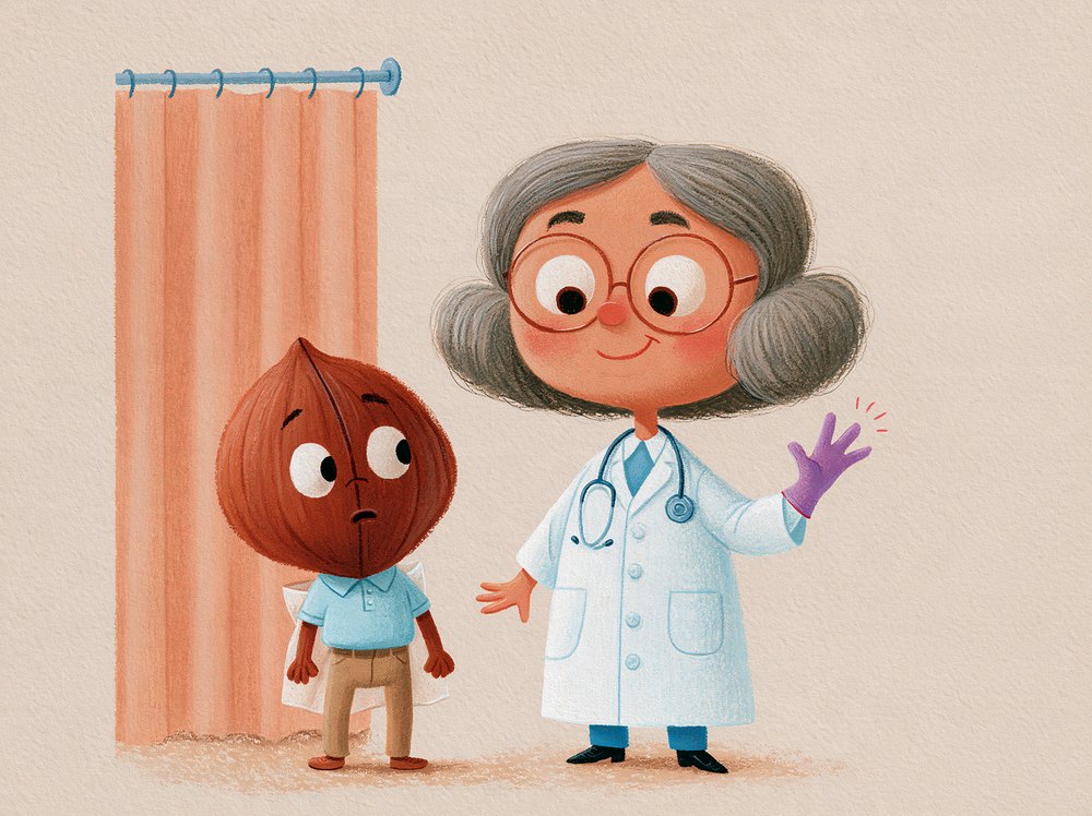 Dr. Glover, a cheerful doctor with a gray bob, snapping on a bright purple glove while Preston looks back, terrified.