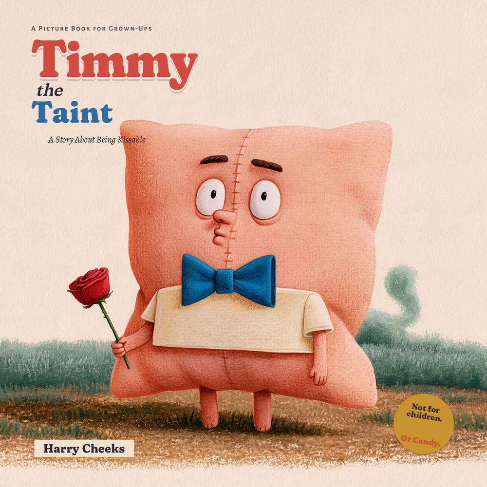 Cover of Timmy the Taint: a soft, pale-peach square pillow of a character with a stitched seam down the middle, a blue bow tie, and big hopeful eyes.