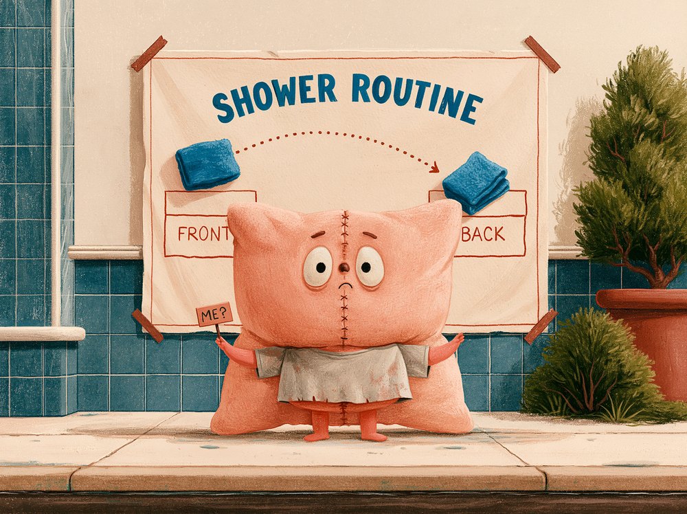 A vintage SHOWER ROUTINE poster: a dotted arrow takes the washcloth to FRONT, then leaps right over Timmy to BACK.