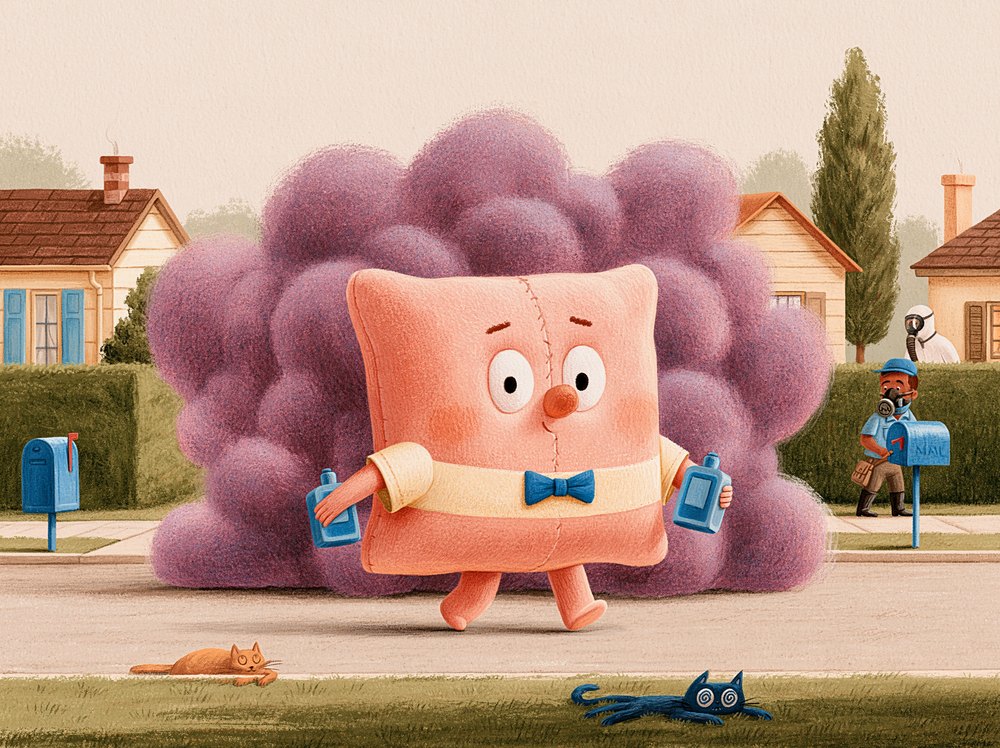 Timmy in a bow tie striding out of a huge purple cloud of cologne on a suburban street.