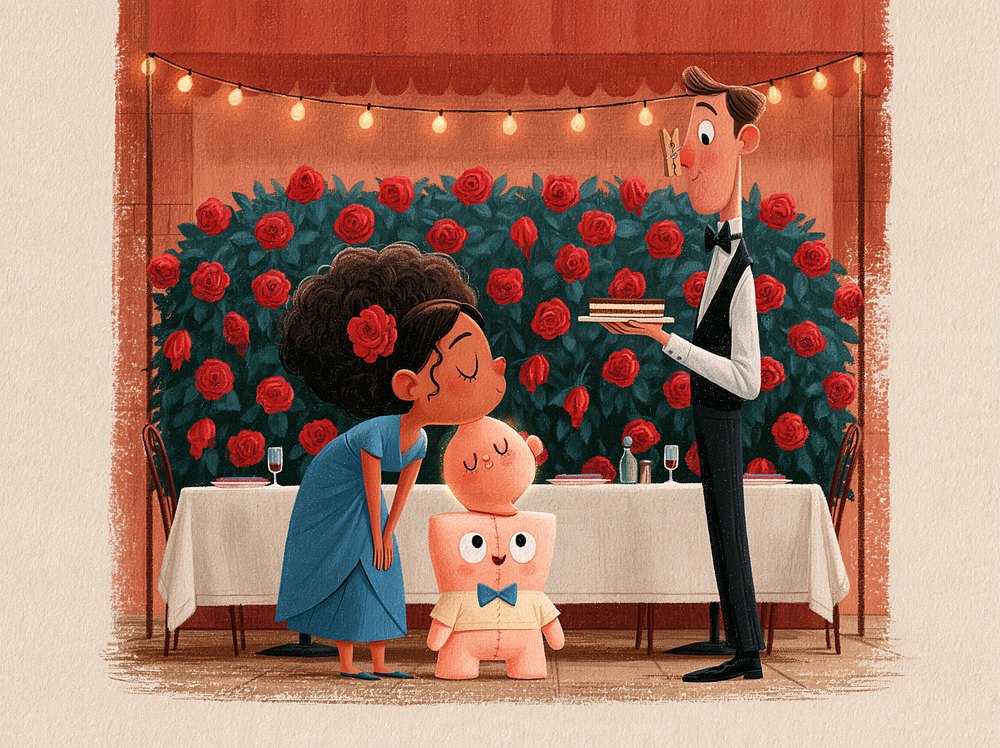 On a restaurant patio, Candy leans in for a kiss while the waiter holds dessert at arm's length with a clothespin on his nose.