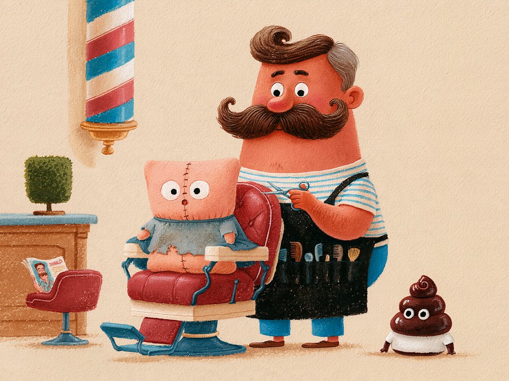 Trim Jim, a big barber with a handlebar mustache, trimming Timmy in a red barber chair while Donald watches.