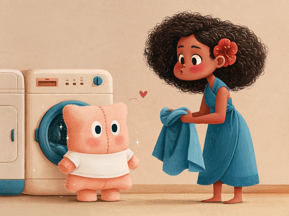 At the laundromat, Candy leans toward a fresh, confident Timmy, sniffing the air with delighted surprise.